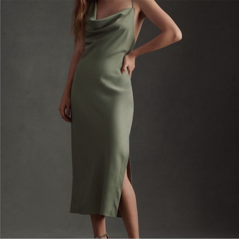NWTs BHLDN | Anthro- August satin charmeuse midi dress in moss Size 0